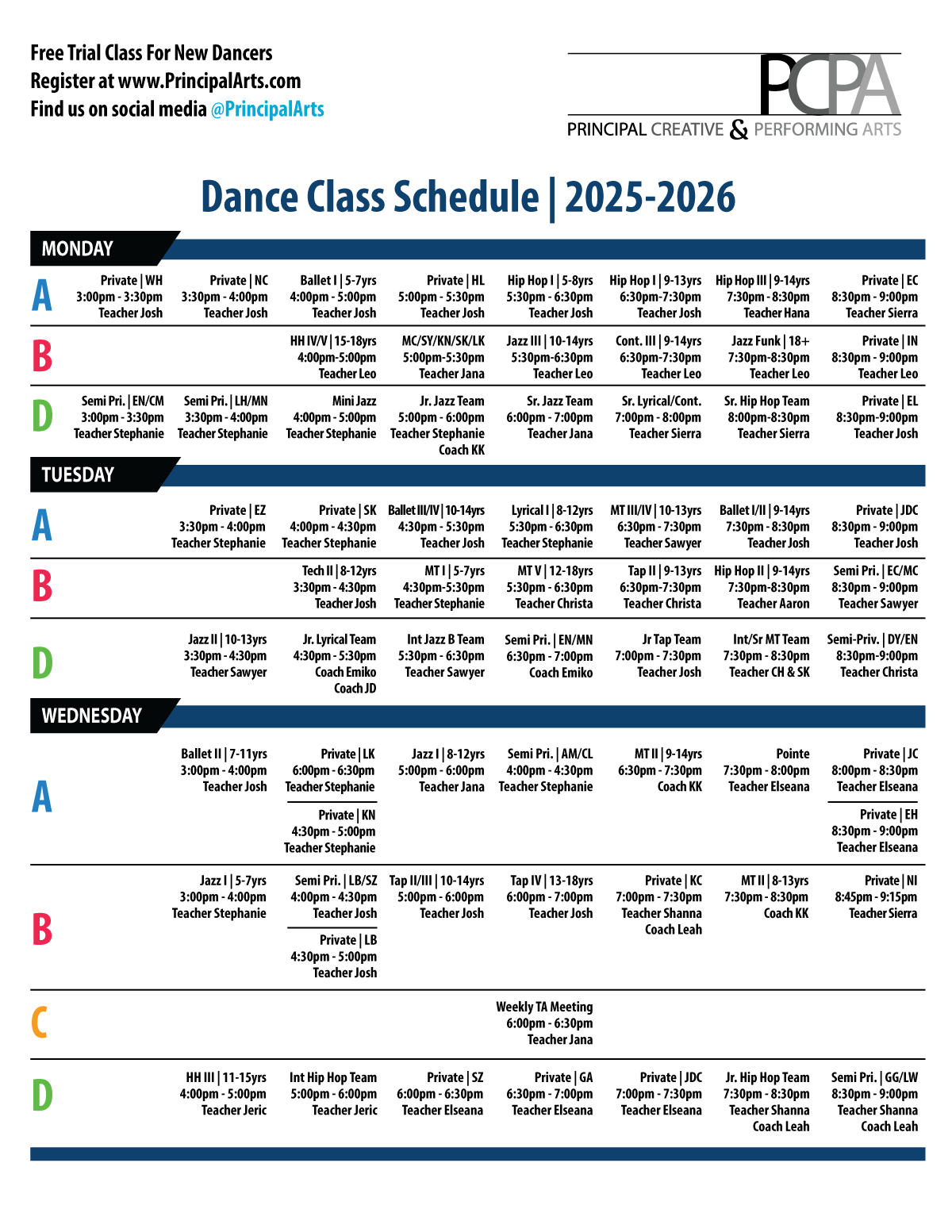 PCPA Weekly Schedule
